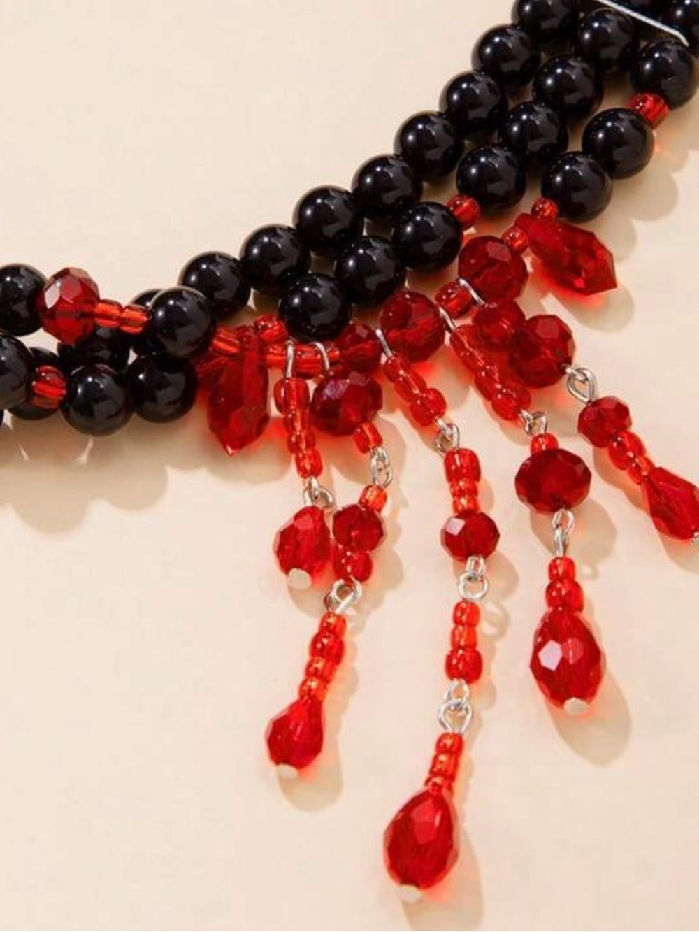 Elegant Black Beaded Choker with Red Crystal Drops - Picture 2 of 3